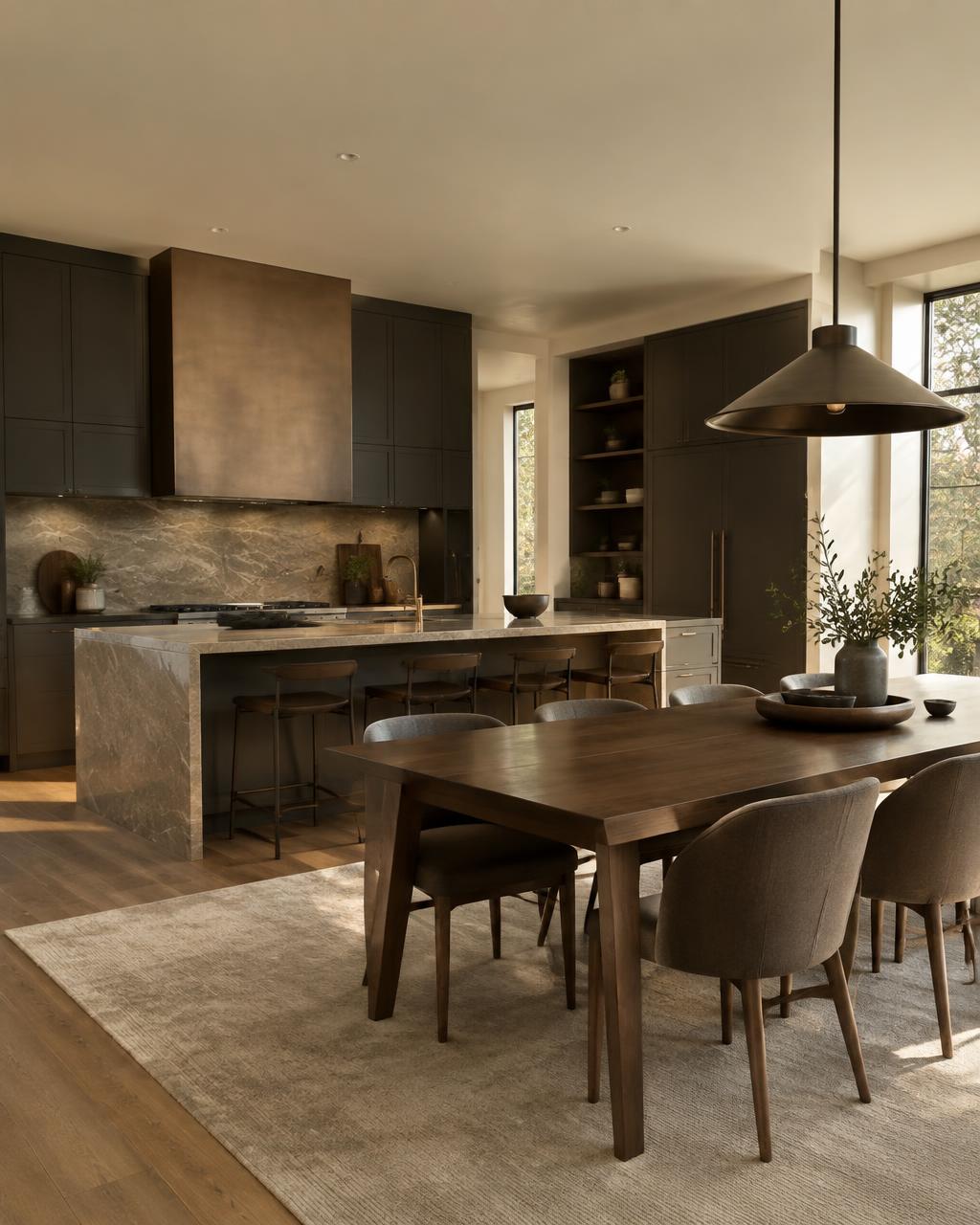 Contemporary kitchen transformation with dark cabinetry and stone island