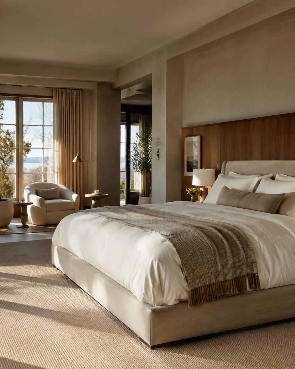Serene bedroom suite with layered neutral textiles