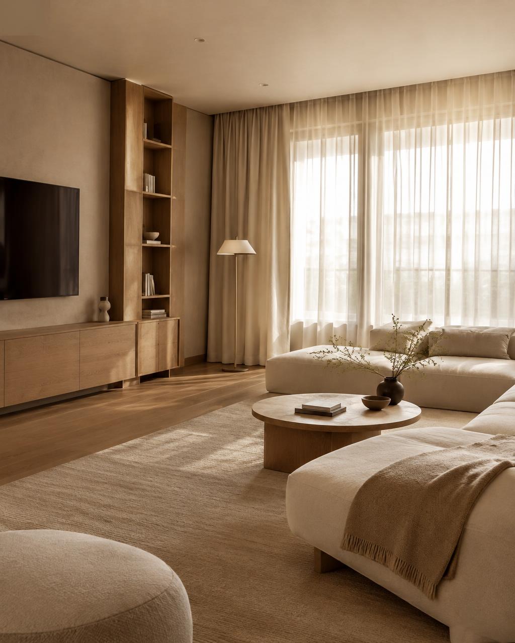 Warm minimalist residential interior with sheer curtains and natural light